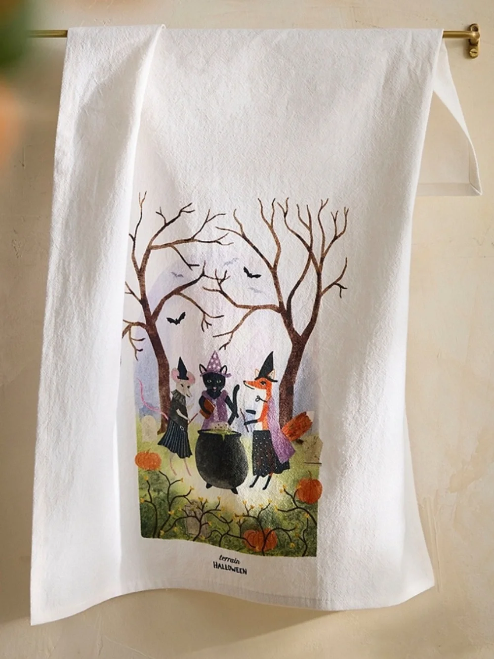 Anthropologie Witchy Critters Dish Towel with Colorful Witchy Halloween Scen